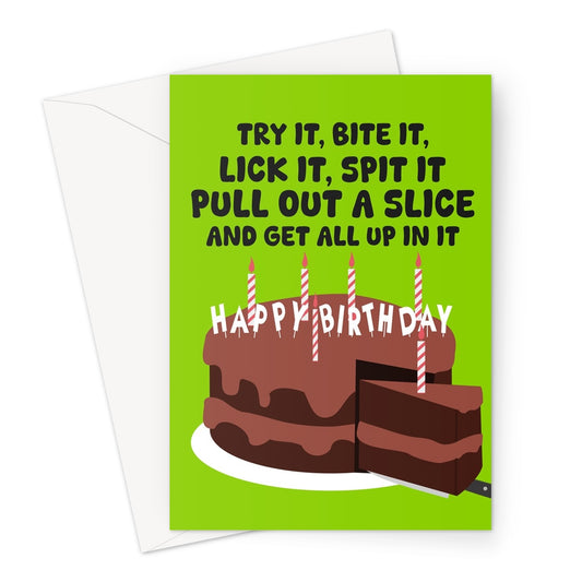 Try It, Bite It, Lick It Happy Birthday Cake Funny Charlie Billie Music Fan Greeting Card