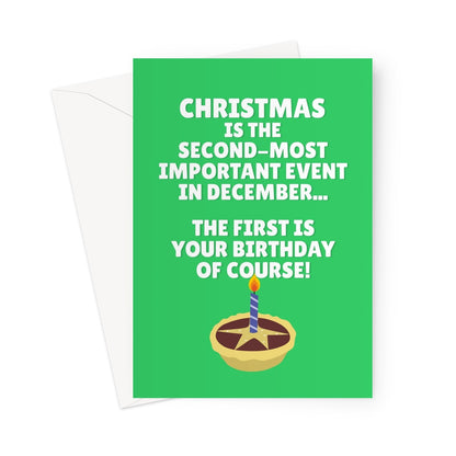 Christmas Is The Second Most Important Event In December... The First Is Your Birthday Of Course! Funny Cute Mince Pie Greeting Card