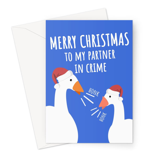 Merry Christmas to my Partner in Crime Funny Goose Geese Honk Gamer Partner 2 Player Game Bird Cute Couples Nerd Greeting Card