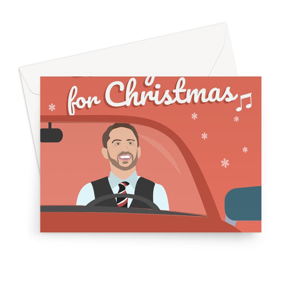 It's Coming Home For Christmas Gareth Southgate Driving World Cup England Funny Football Fan Greeting Card
