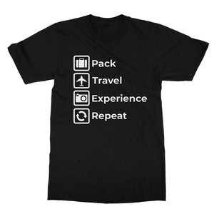 'Pack Travel Experience Repeat' Travel T-Shirt. Wanderlust Gift. Eat Sleep Repeat Vacation Holiday Explore Adventure Softstyle Tee