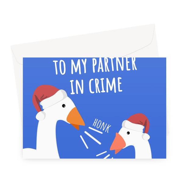Merry Christmas to my Partner in Crime Funny Goose Geese Honk Gamer Partner 2 Player Game Bird Cute Couples Nerd Greeting Card