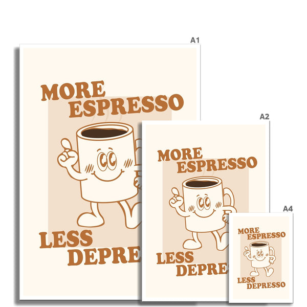 More Espresso Less Depresso - Vintage Cartoon Collection - Wall Art Print Office Home Guest House Minimalist Pastel Wall Art Poster