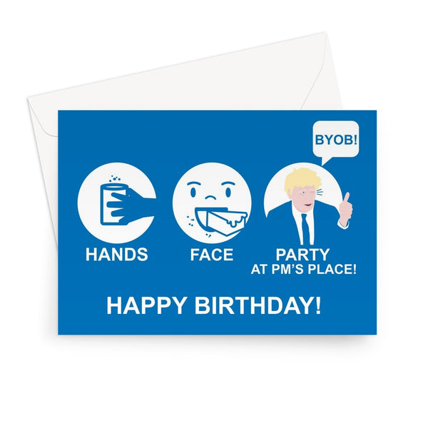 Hands Face Party at PM's Place Funny Scandal Boris Johnson BYOB Happy Birthday Politics Greeting Card