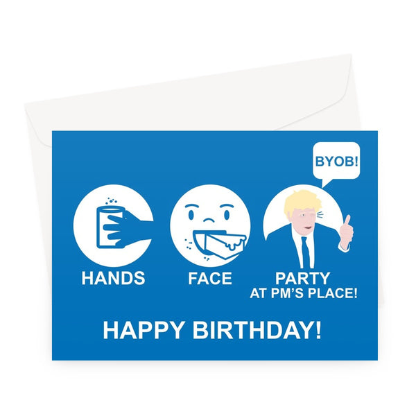 Hands Face Party at PM's Place Funny Scandal Boris Johnson BYOB Happy Birthday Politics Greeting Card