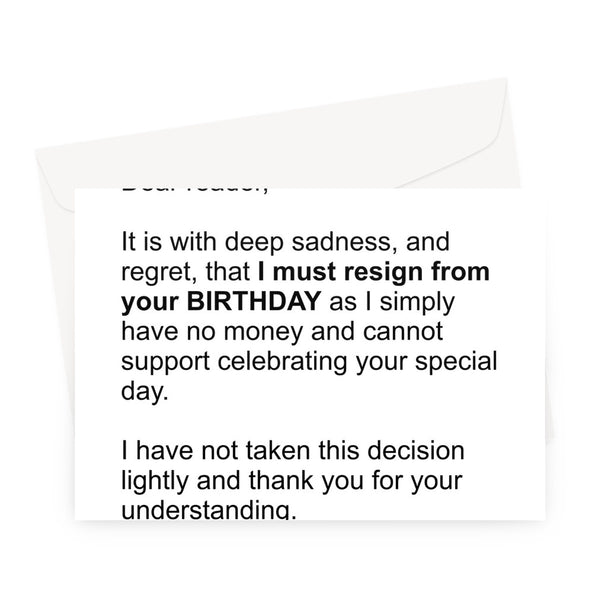 I Must Resign From Your Birthday Letter Funny MPs Resignation Rishi Sunak Boris Johnson Politics Meme Greeting Card