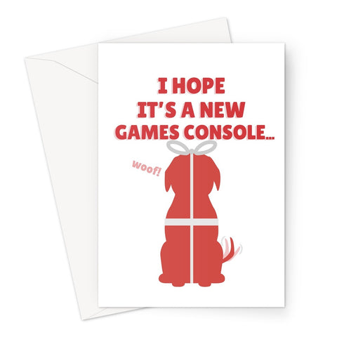 I hope it's a new games console... funny Christmas dog present gift play Greeting Card