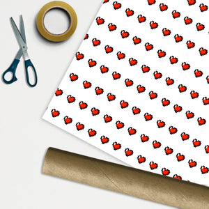 Pixel Love Hearts Wrapping Paper - 1M ROLL - Anniversary Birthday Gift Wrap Christmas Xmas Gamer Fan Lives Switch Play Retro Classic Nerd